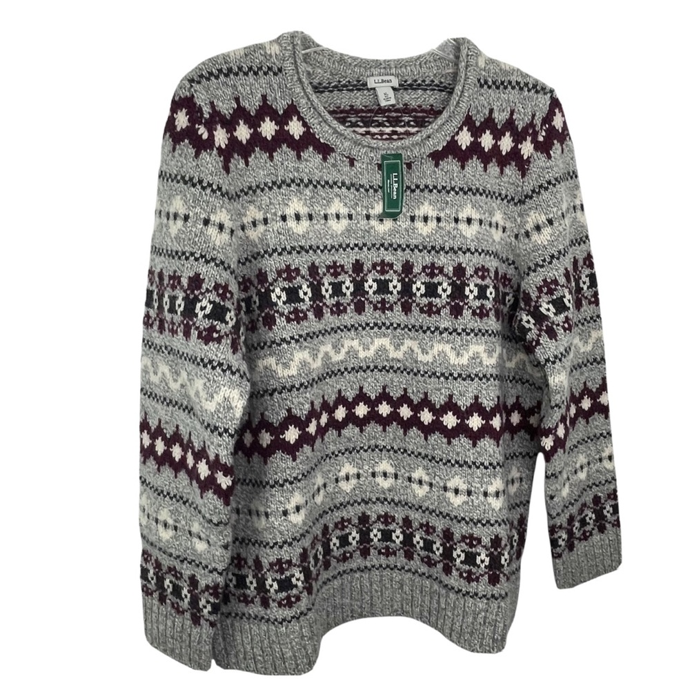 LL Bean NWT Classic Fair Isle Lamb's Wool Sweater Women Size XL Gray Cream